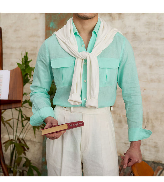 Camisa Retro de Lino Puro Transpirable Manga Larga para Hombre - Image 11