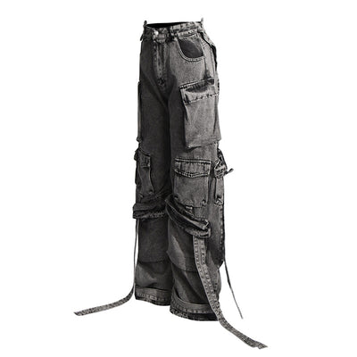 Pantalón Cargo Denim con Diseño de Cinta Decorativa y Bolsillos Múltiples - Image 11