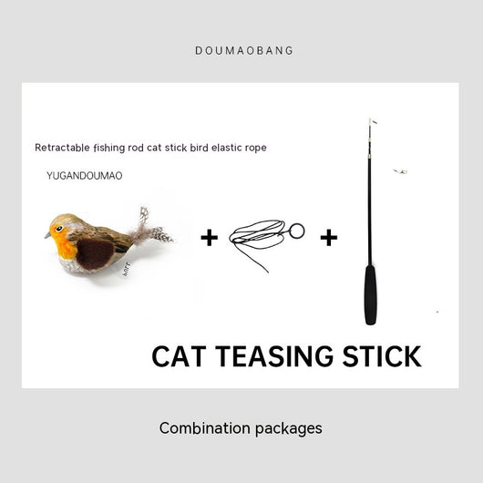 Red plush bird cat toy on a long steel wire stick with an elastic rope, designed for interactive pet play. - Image 17