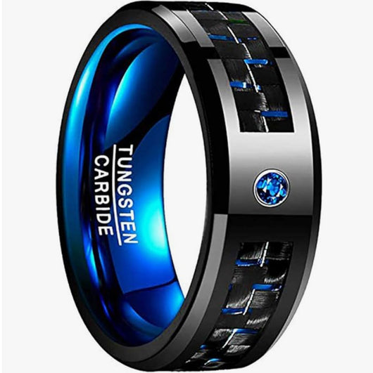 Anillo de Acero Tungsteno Azul y Negro con Incrustaciones de Circonia Cúbica para Hombre - Image 4