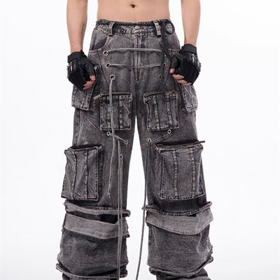 Pantalones Overol Estilo Americano Desgastado con Costuras de Cuerda - Image 9