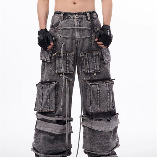 Pantalones Overol Estilo Americano Desgastado con Costuras de Cuerda - Image 9