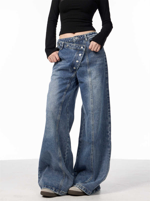 Pantalones Vaqueros Rectos Azules Cintura Alta Pierna Ancha Efecto Desgastado