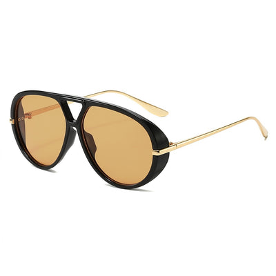 Retro aviator sunglasses with bright black frames, vibrant orange lenses, and sleek gold-colored metal temples. - Image 3