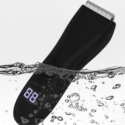 Black digital display electric trimmer with two guide combs, a charging cable, and a cleaning brush.