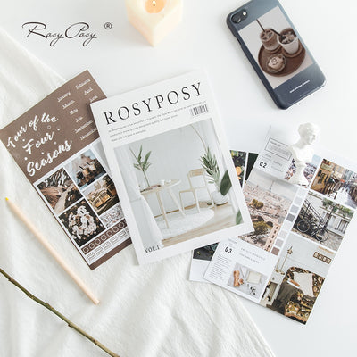 White RosyPosy magazine sticker with a minimalist interior design print featuring a table, chair, and plants. - Image 10