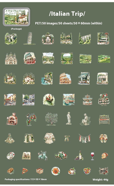 Set of 50 PET stickers featuring watercolor illustrations of a Greece tour, including buildings, landscapes, and food. - Image 18