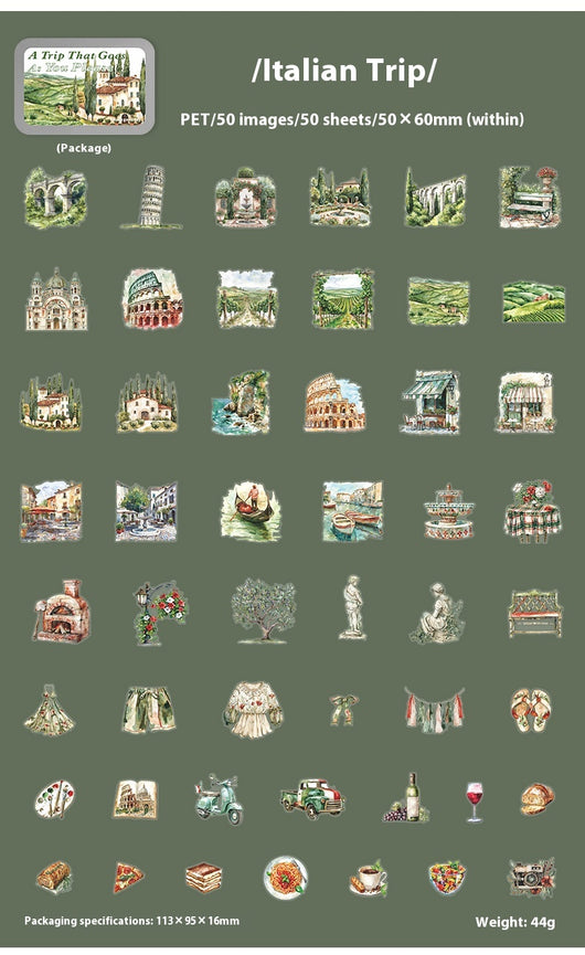 Set of 50 PET stickers featuring watercolor illustrations of a Greece tour, including buildings, landscapes, and food. - Image 18