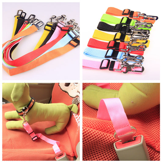 Red adjustable car safety belt for dogs with a metal seatbelt buckle and a silver swivel snap hook. - Image 23