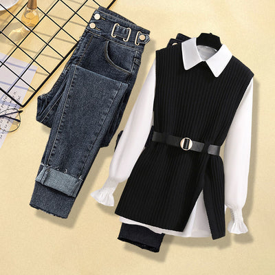 Conjunto de 3 Piezas: Chaleco Tejido, Camisa y Jeans para Mujer - Image 13