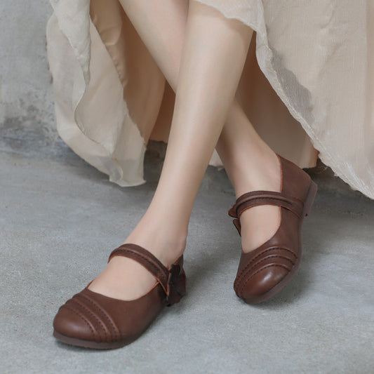 Zapatos de Cuero Casuales Retro Literarios con Boca Baja para Mujer