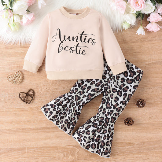 Girls' light pink "Mama's bestie" long-sleeve top with leopard print bell-bottom pants. - Image 3
