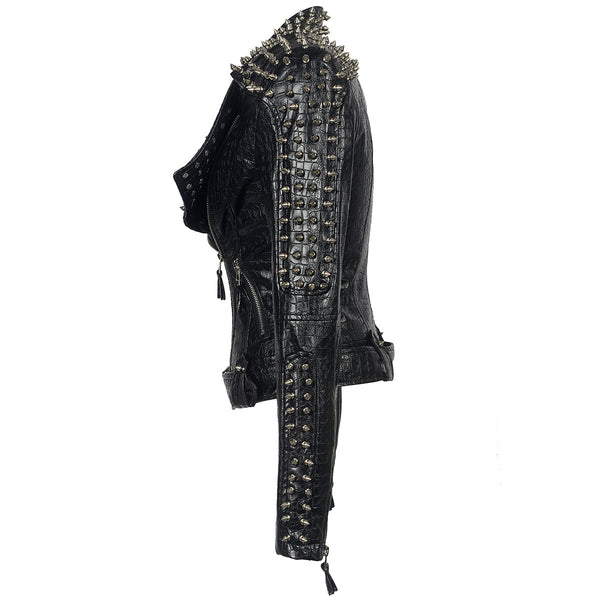 Chaqueta de Cuero Motociclista Tallas Grandes con Remaches y Costuras Combinadas