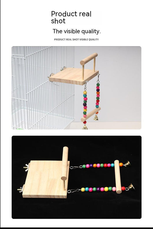 Wooden bird perch and swing set with colorful beads and bells, showing dimensions of 14cm x 12cm platform and 17cm swing height. - Image 10