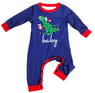 Blue baby long-sleeved pajama set with red trim, featuring a Christmas dinosaur wrapped in lights and "baby" text. - Image 5