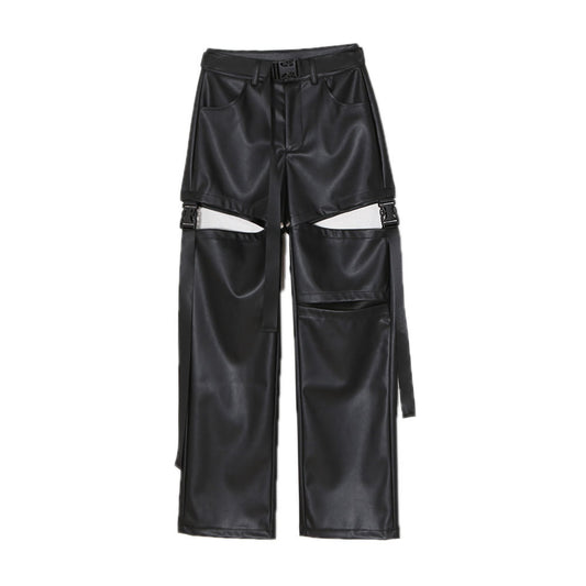 Pantalones de Cuero Talle Alto Rectos con Detalles Perforados Desmontables - Image 2