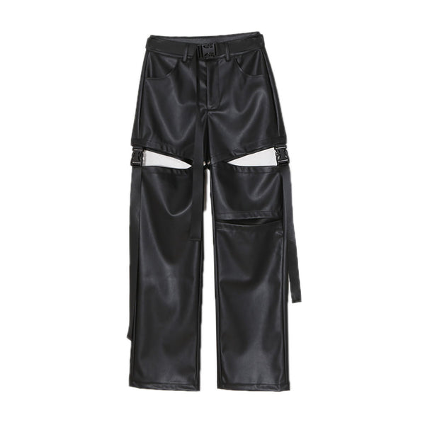 Pantalones de Cuero Talle Alto Rectos con Detalles Perforados Desmontables