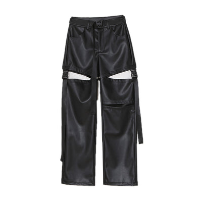 Pantalones de Cuero Talle Alto Rectos con Detalles Perforados Desmontables - Image 2
