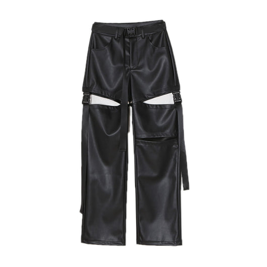 Pantalones de Cuero Talle Alto Rectos con Detalles Perforados Desmontables - Image 2