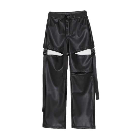 Pantalones de Cuero Talle Alto Rectos con Detalles Perforados Desmontables