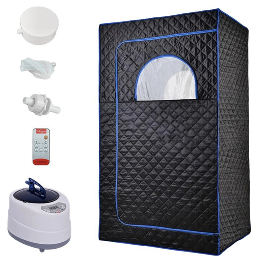 Portable brown quilted full body sauna room with steam generator, remote control, and accessories on a white background. - Image 8