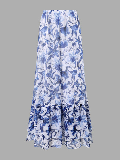 White and green floral print one-piece swimsuit with tie-shoulder straps and matching long chiffon skirt. - Image 15