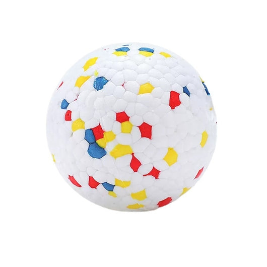 White pet ball dog toy with a textured surface, featuring scattered red, blue, and yellow hexagonal shapes. - Image 3