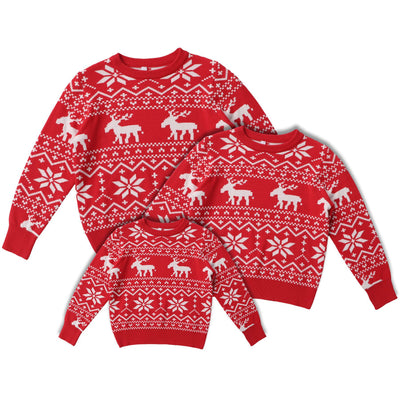 Women's black, red, and white Christmas sweater with reindeer and snowflake fair isle patterns, round neck, long sleeves. - Image 5
