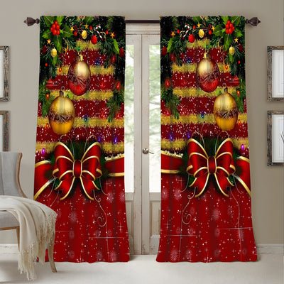 Pair of Christmas curtains with a 3D digital print of a snowy winter window scene, frosted trees, and snowflakes.