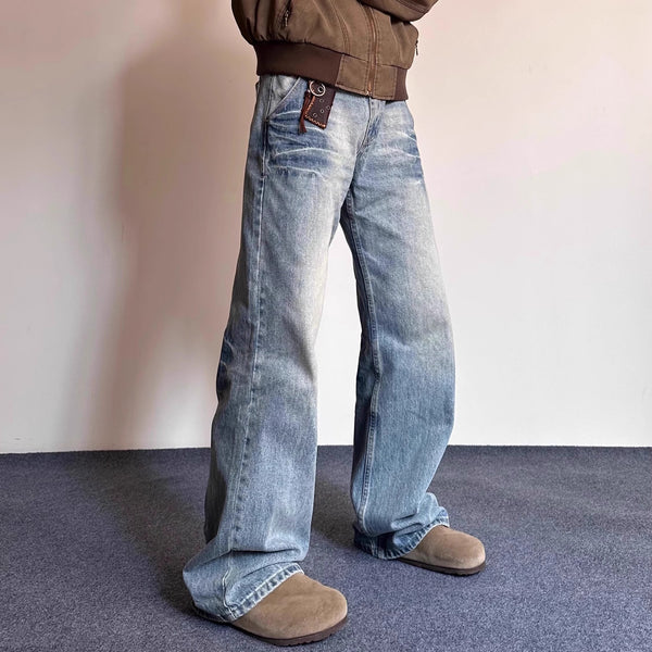 Pantalones Hombre Estilo Retro Desgastado con Rayas de Rayo y Textura de Bambú