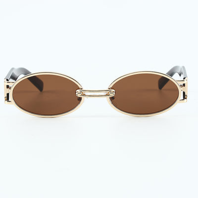Retro small frame sunglasses with gold round frames and leopard print temples, held by a hand. - Image 21