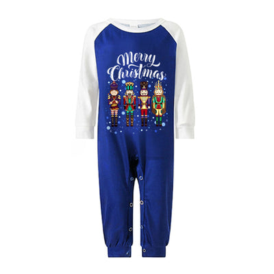 Blue and white long-sleeve Christmas pajama set with "Merry Christmas" text, nutcracker soldiers, and snowflake patterns. - Image 4