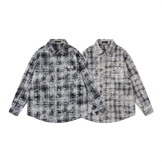 Camisa Manga Larga Cuadros Tie-Dye Vintage Hombre Estilo Retro