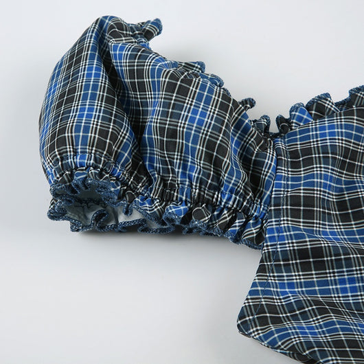 Camisa Cuadriculada Retro Francesa con Cuello Cuadrado Antiedad para Mujer - Image 35