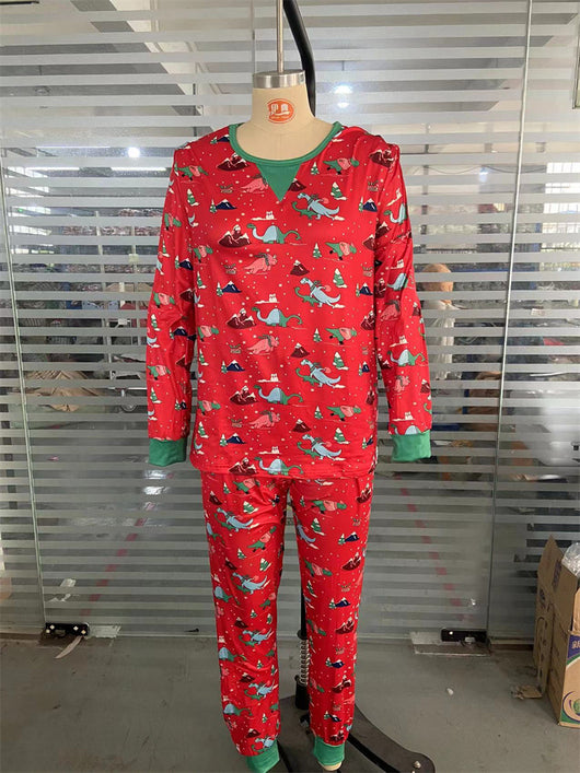 Red long-sleeved men's pajama set with a festive dinosaur and Christmas tree print, featuring green cuffs. - Image 23