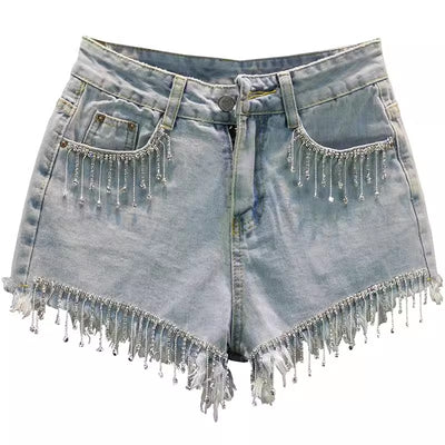 Short Denim Cintura Alta con Brillantes y Flecos - Image 15