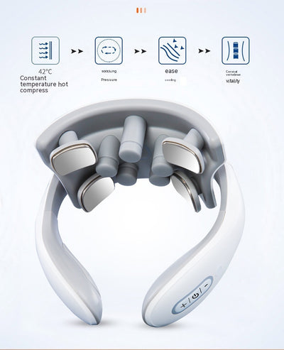 White and gray U-shaped neck massager with six silver electrode pads and control buttons on one arm. - Image 13