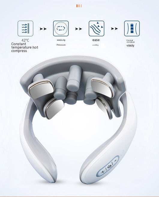 White and gray U-shaped neck massager with six silver electrode pads and control buttons on one arm. - Image 13