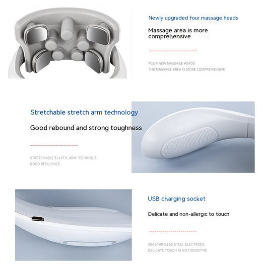 White and gray U-shaped neck massager with six silver electrode pads and control buttons on one arm. - Image 22