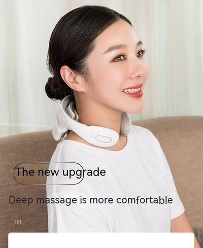 White and gray U-shaped neck massager with six silver electrode pads and control buttons on one arm. - Image 23