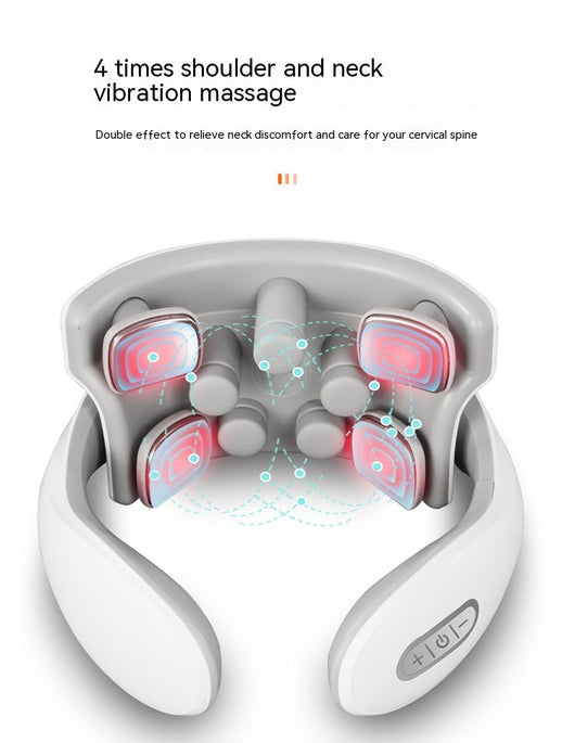 White and gray U-shaped neck massager with six silver electrode pads and control buttons on one arm. - Image 26