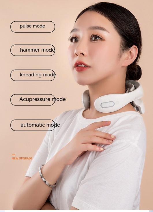White and gray U-shaped neck massager with six silver electrode pads and control buttons on one arm. - Image 29