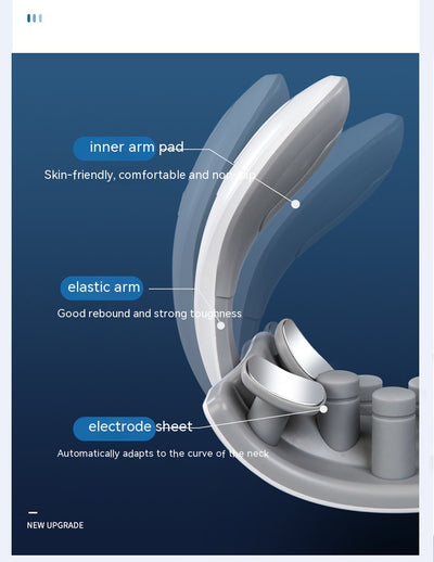 White and gray U-shaped neck massager with six silver electrode pads and control buttons on one arm. - Image 33