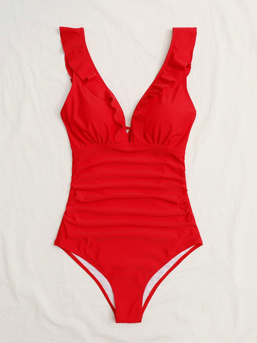 White one-piece swimsuit with a deep V-neck and ruffled shoulder straps, featuring a solid pure color design. - Image 32
