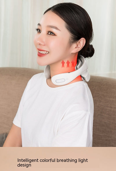 White and gray U-shaped neck massager with six silver electrode pads and control buttons on one arm. - Image 43
