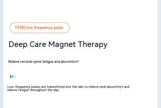 White and gray U-shaped neck massager with six silver electrode pads and control buttons on one arm. - Image 47