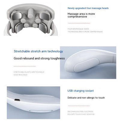White and gray U-shaped neck massager with six silver electrode pads and control buttons on one arm. - Image 48