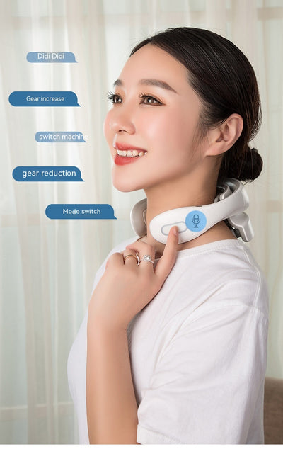 White and gray U-shaped neck massager with six silver electrode pads and control buttons on one arm. - Image 60