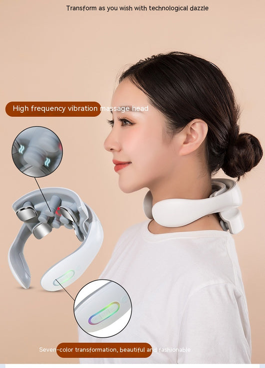 White and gray U-shaped neck massager with six silver electrode pads and control buttons on one arm. - Image 62