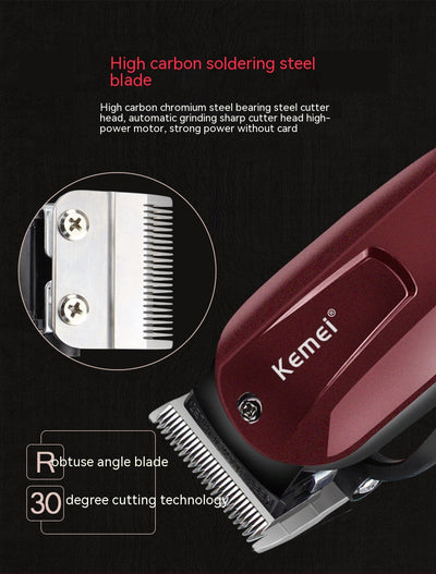 Kemei electric hair clipper in metallic burgundy with four guide combs, power adapter, cleaning brush, and oil bottle. - Image 8